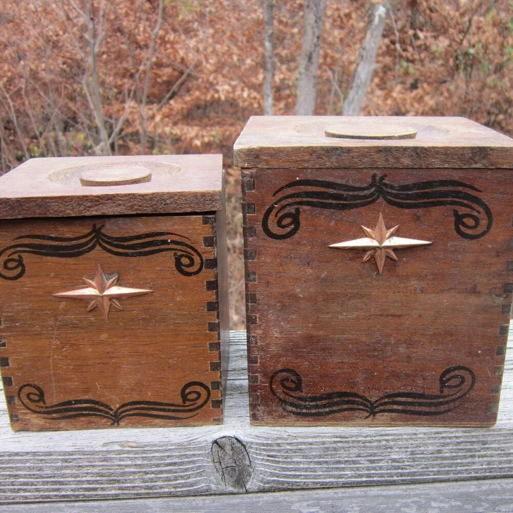 MCM Wood Kitchen Canisters Vintage Hand Carved Hardwood Japan CI Star Nesting